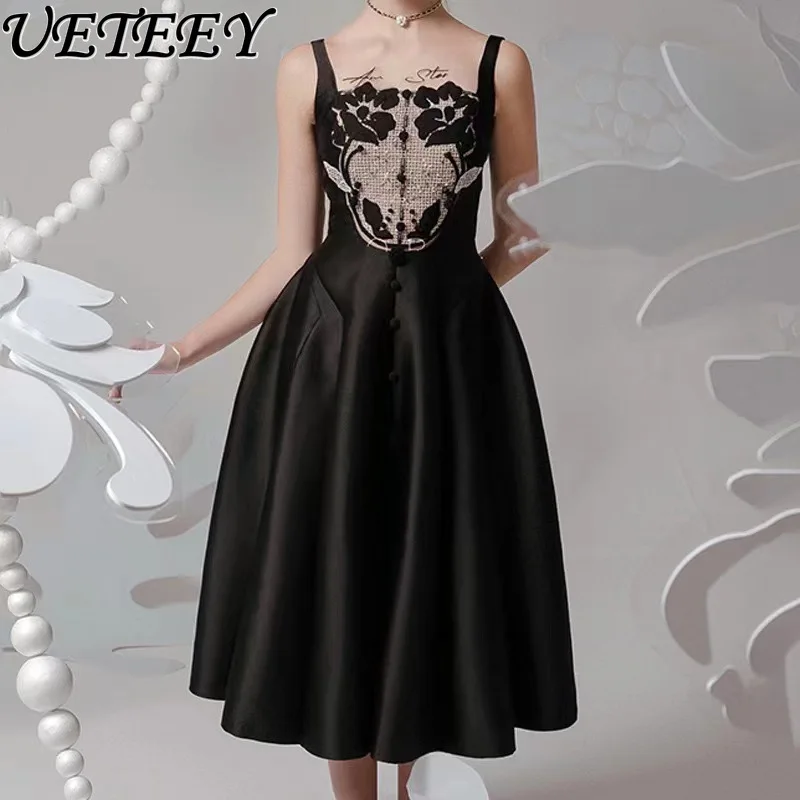 

Summer New Elegant Socialite Embroidery Stitching Tight Slimming Slip Dress Big Hem Puffy Sleeveless High Waist Dresses