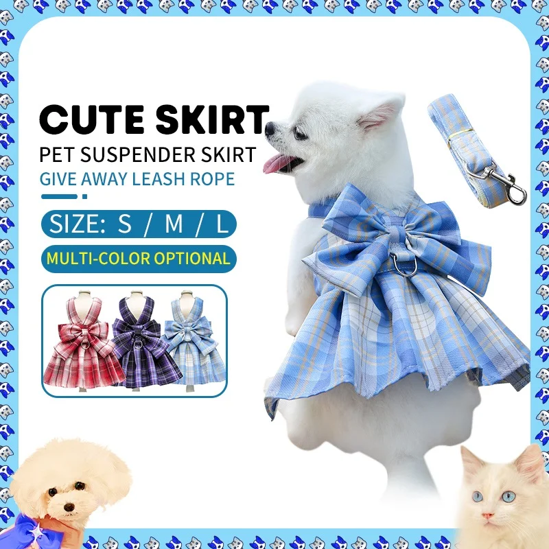 Dog Clothes Pet Clothes Cute Skirt Suspender Skirt Bowknot Dog Dress for Female with Dog Leash