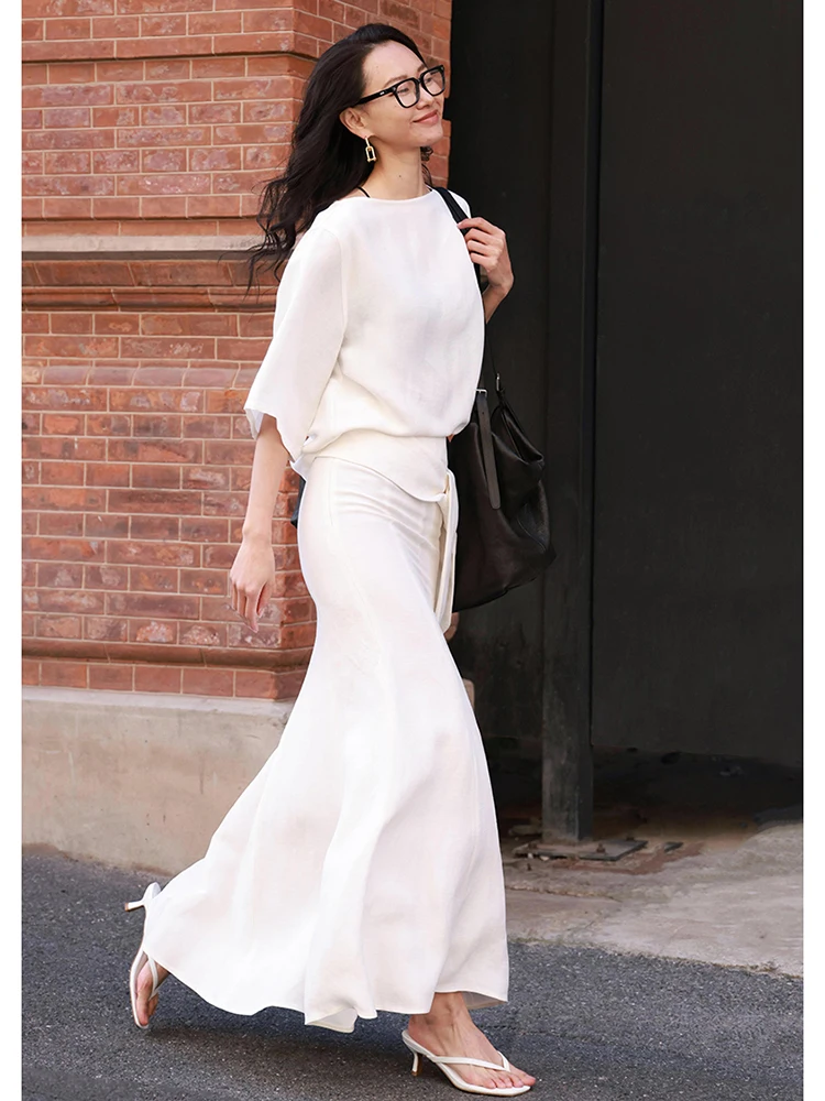 

FANNIU Spring Summer Loose Linen Top with Middle Sleeve And One Shoulder Design Matching High Waist Half Skirt with Fish Tail...