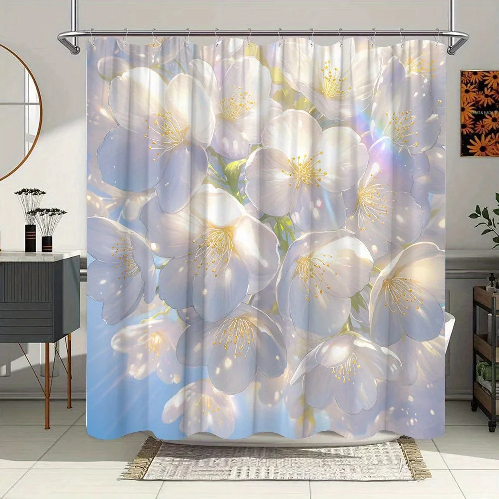 1pc Sunlit Cherry Blossoms Shower Curtain - Ethereal Spring Floral Decor with Delicate White Flowers, Golden Stamens & Radiant