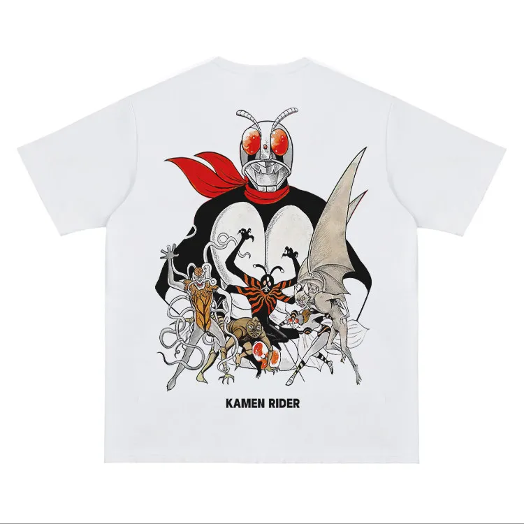New Kamen Knight Shirt Retro Japanese Special Photo T-Shirt Masked Knight Pattern Short Sleeve Anime Style Streetwear 90s Style