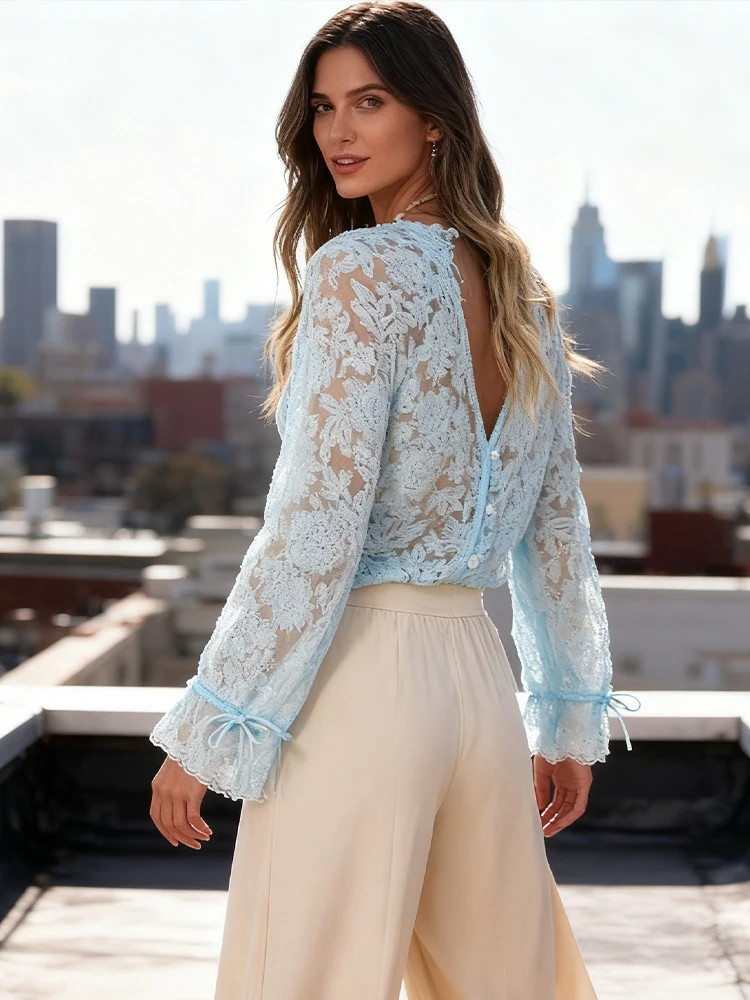Neue Heiße Verkäufer Elegante Knöpfe Semi-Transparent Gestickte Spitze Top Sexy Strickjacke Manschetten Krawatte Langarm-shirt Sommer frauen Kleidung