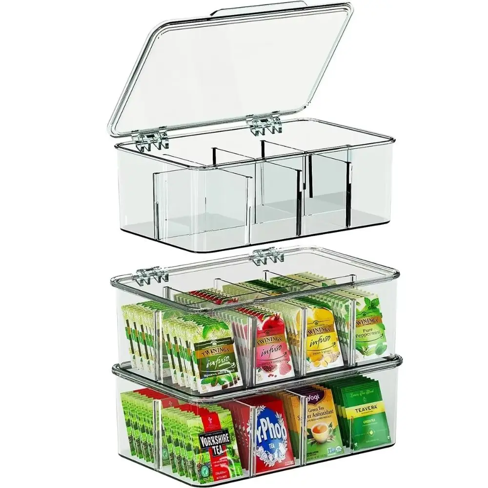 

Acrylic Tea Bag Storage Box with Lid Organizer Coffee Bag Compartment Box Stackable Compartmentalized