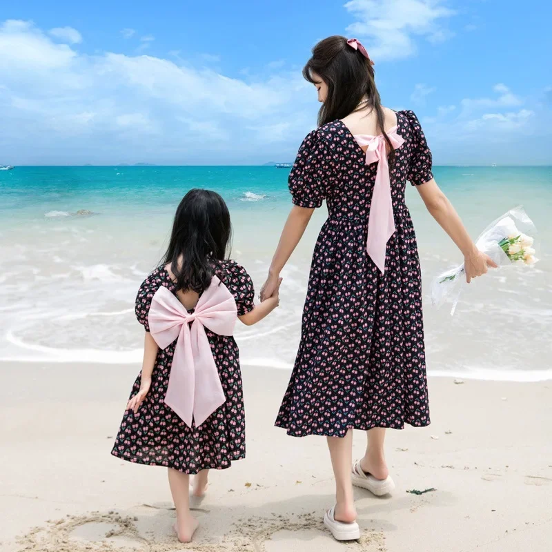 Like Mother Like Daughter Dresses Floral Print 2023 Summer Mom and Child Girls Matching Equal Dress Holiday Women Beach Clothing