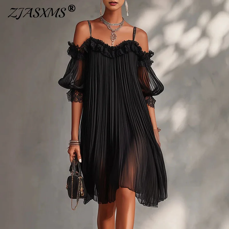 Nouvelle Robe Courte Élégante pour Femme, Épaules Dénudées, Plissée, en Maille Transparente, avec Bretelles Sexy et Dos Nu en Dentelle, Coupe Ample, pour Soirée, Club et Été