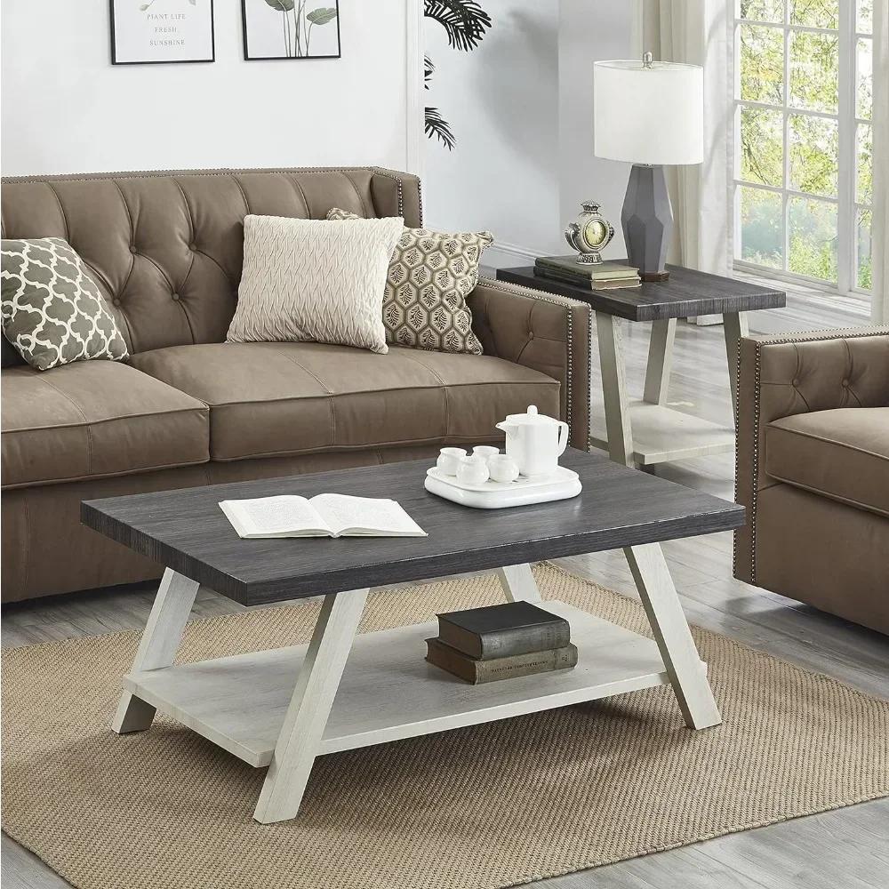 XMSJ Coffee Table Contemporary 3 Piece Wood Rack Coffee Table Set, 24D X 48W X 19H in, Charcoal & Grey