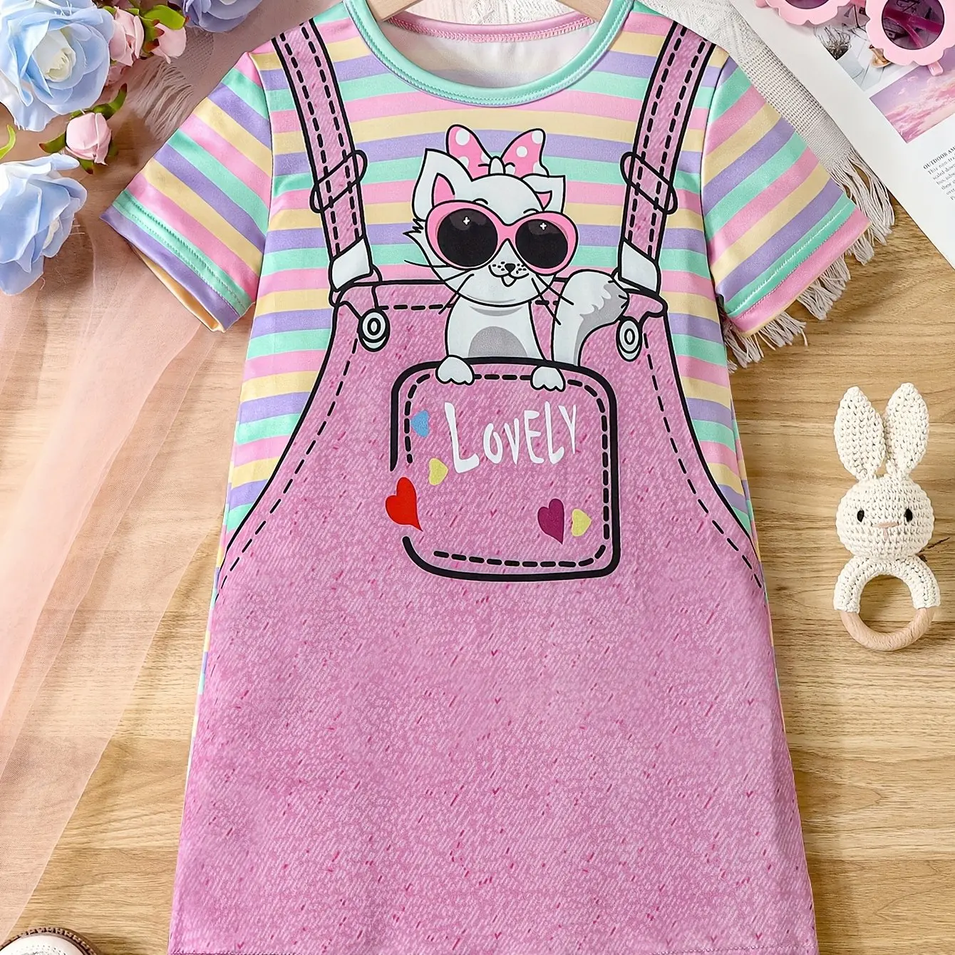 Girl Dresses Summer Children's Clothing Round Neck Cute Kids Clothes Girls Party Dresses Funny Striped Straps Print Girls Dress