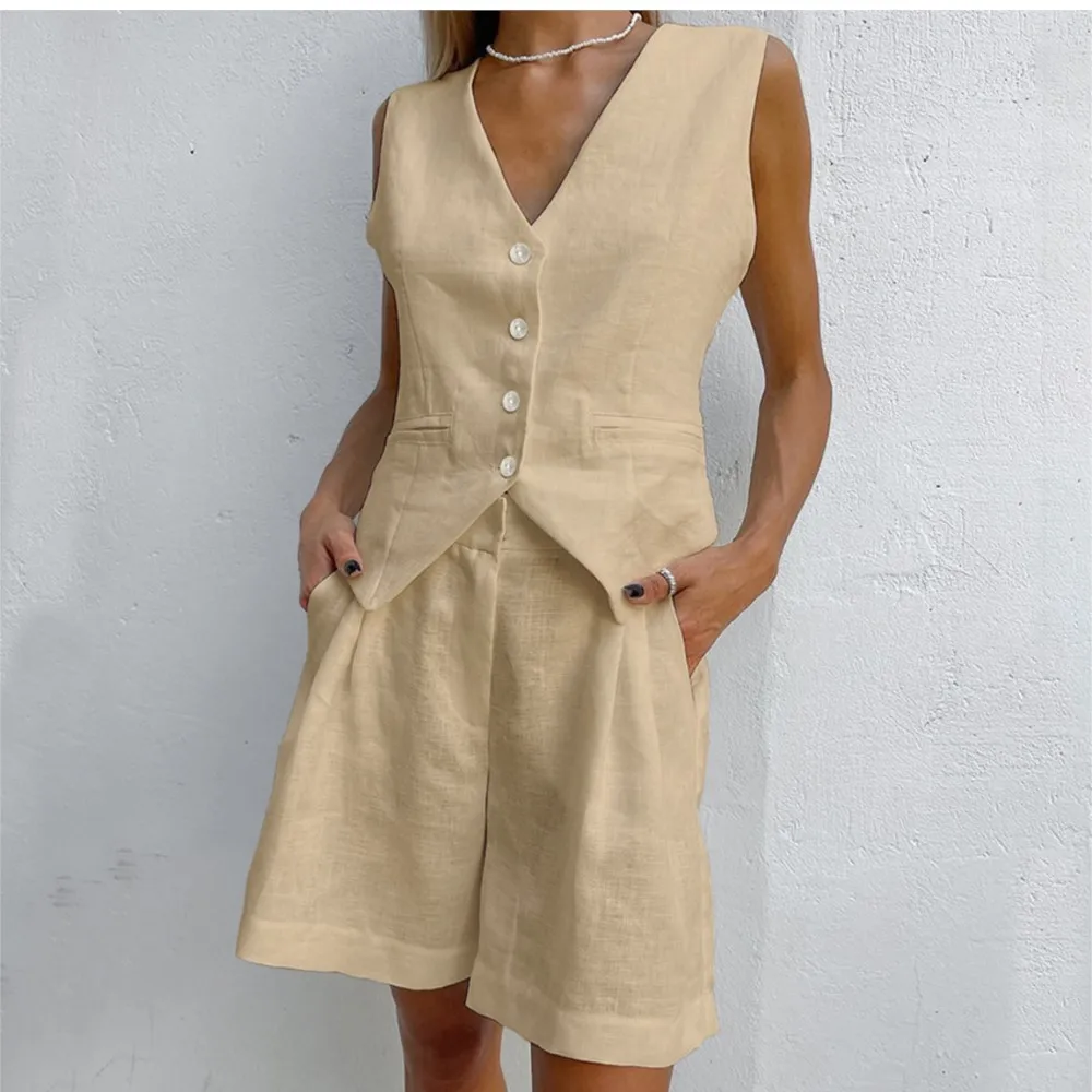 

Cotton Linen Women's Two-piece Casual Solid Color Sleeveless Vest Top Shorts Suit Commuting Office Vacation Daily 2-pieces Set