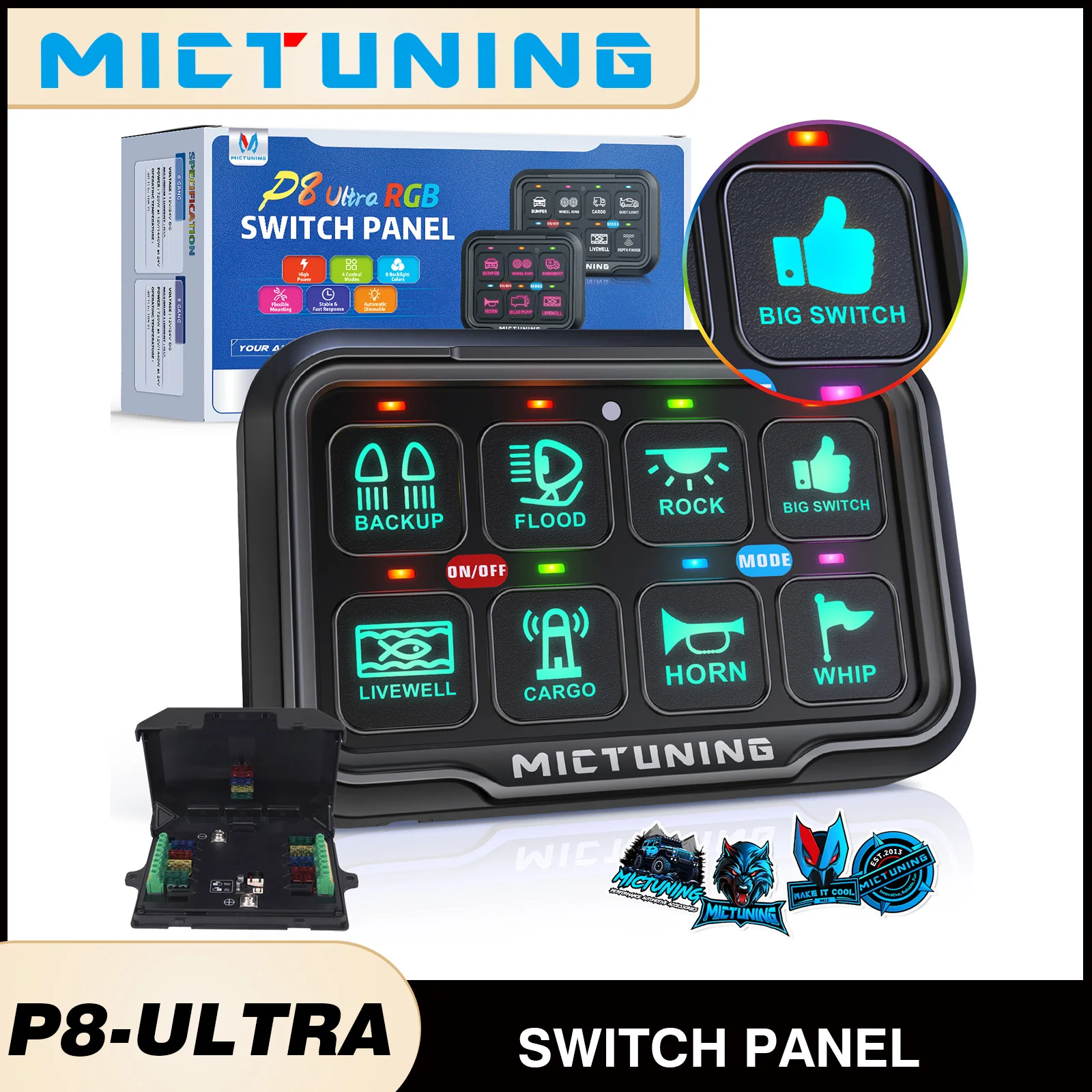 

MICTUNING P8-Ultra 6/8 Gang Switch Panel,Toggle Momentary Pulsed RGB Automatic Dimmable Multifunction Switch For Car Boat ﻿