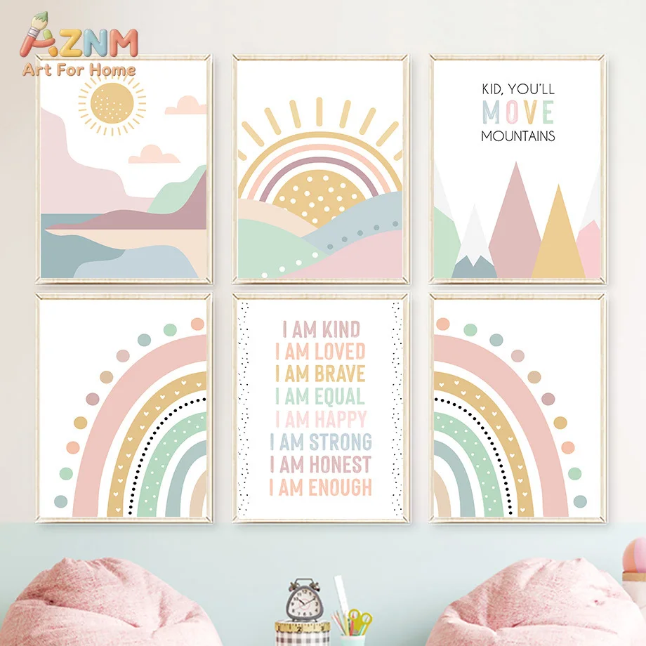 AZNM Macaron Pastel Rainbow Canvas Print Sun Mountain Positive Affirmation Text Minimalist Kids Room Unframed Wall Poster Decor
