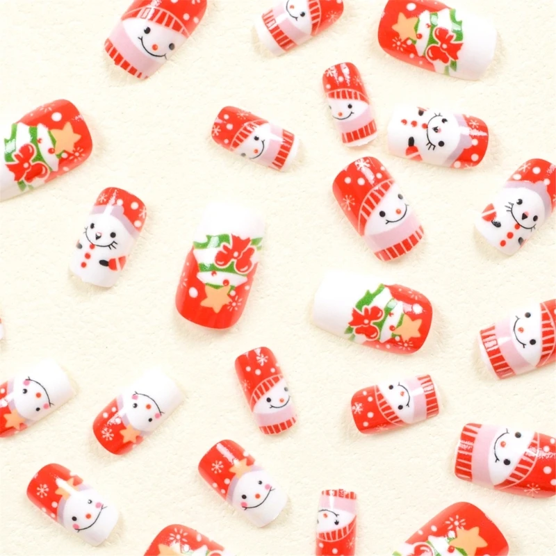 24 Pcs Snowman False Nails Christmas Full Cover on Nails Square Press On Nails Manicures Supplies for Winter