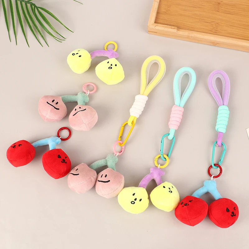 Cute Plush Cherry Keychains Funny Expression Car Keys Keychains Korean Style Fruit Doll Keyring With Lanyard Backpack Pendant