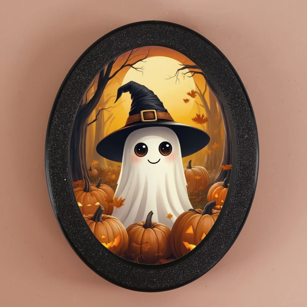 Grenzüberschreitende ovale Halloween-Dekoration, Geist mit Hexenhut in Kürbisszene, schafft eine süße und fröhliche Atmosphäre, Suita