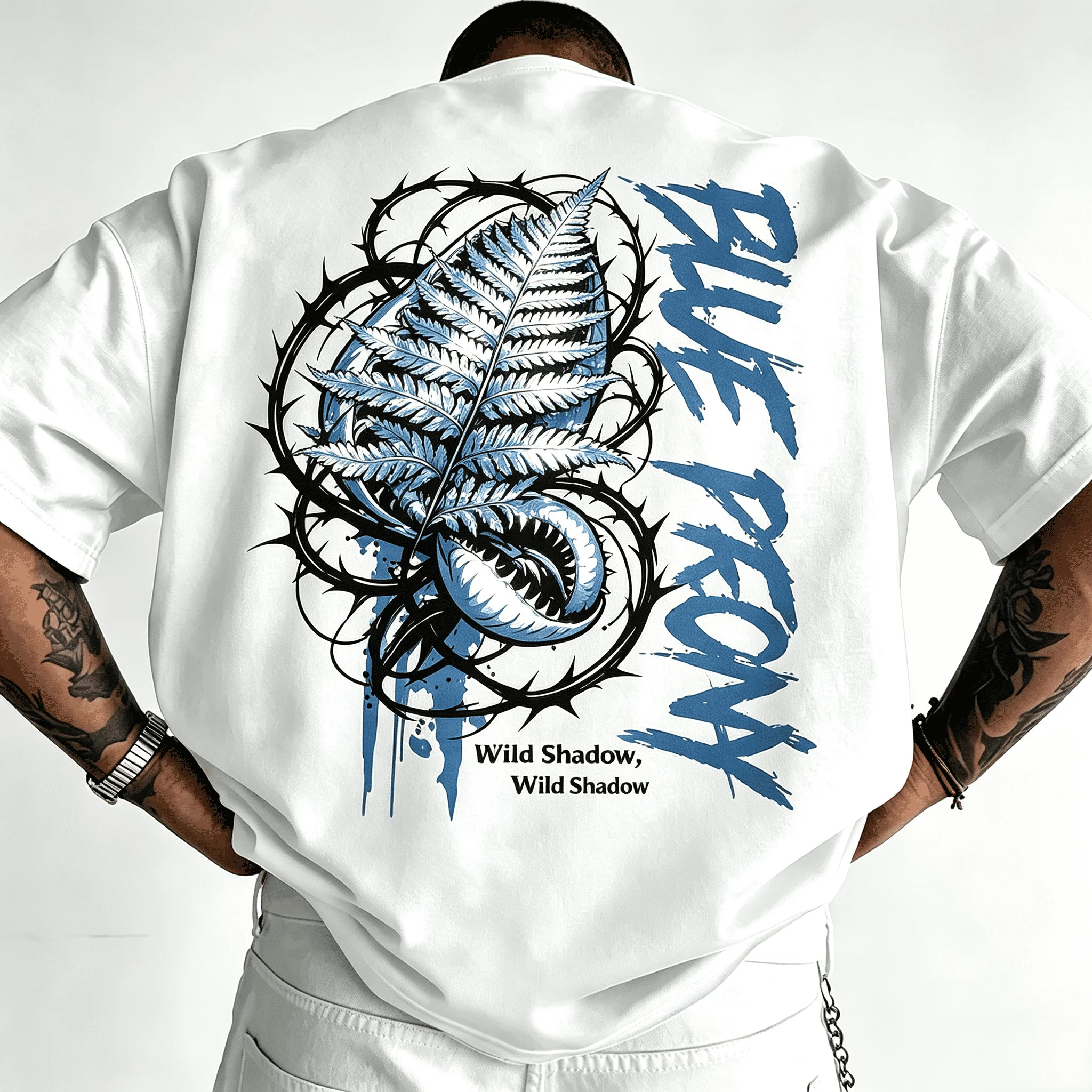 Unisex Oversized White T-Shirt Blue Fern Venus Flytrap Thorn Graphic Back Print Gothic Streetwear Short Sleeve Tee For Men Women