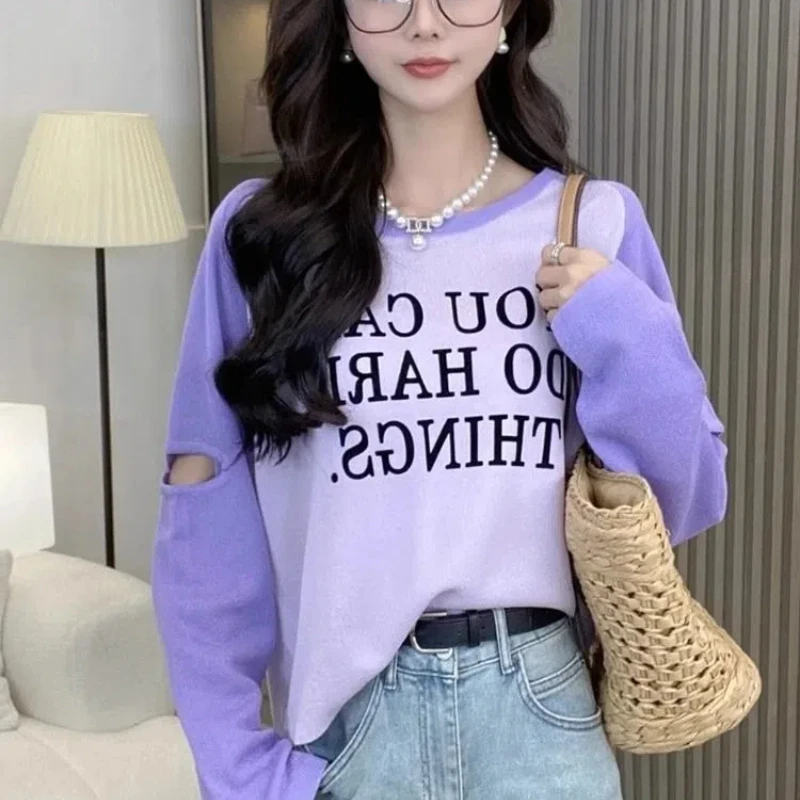 Fashion Letter Printed Raglan Sleeve Women\'s 2024 Spring New Spliced Contrast Color Casual Hollow Out Long Sleeved T-shirt Tops