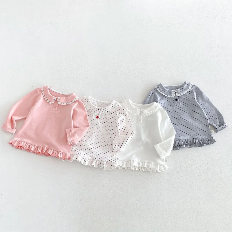 2026 Spring Autumn Polka Dot 1-6Y Children Girls T-shirts Peter Pan Collar Long Sleeve Tee Solid Soft Korean Style Kids Tops
