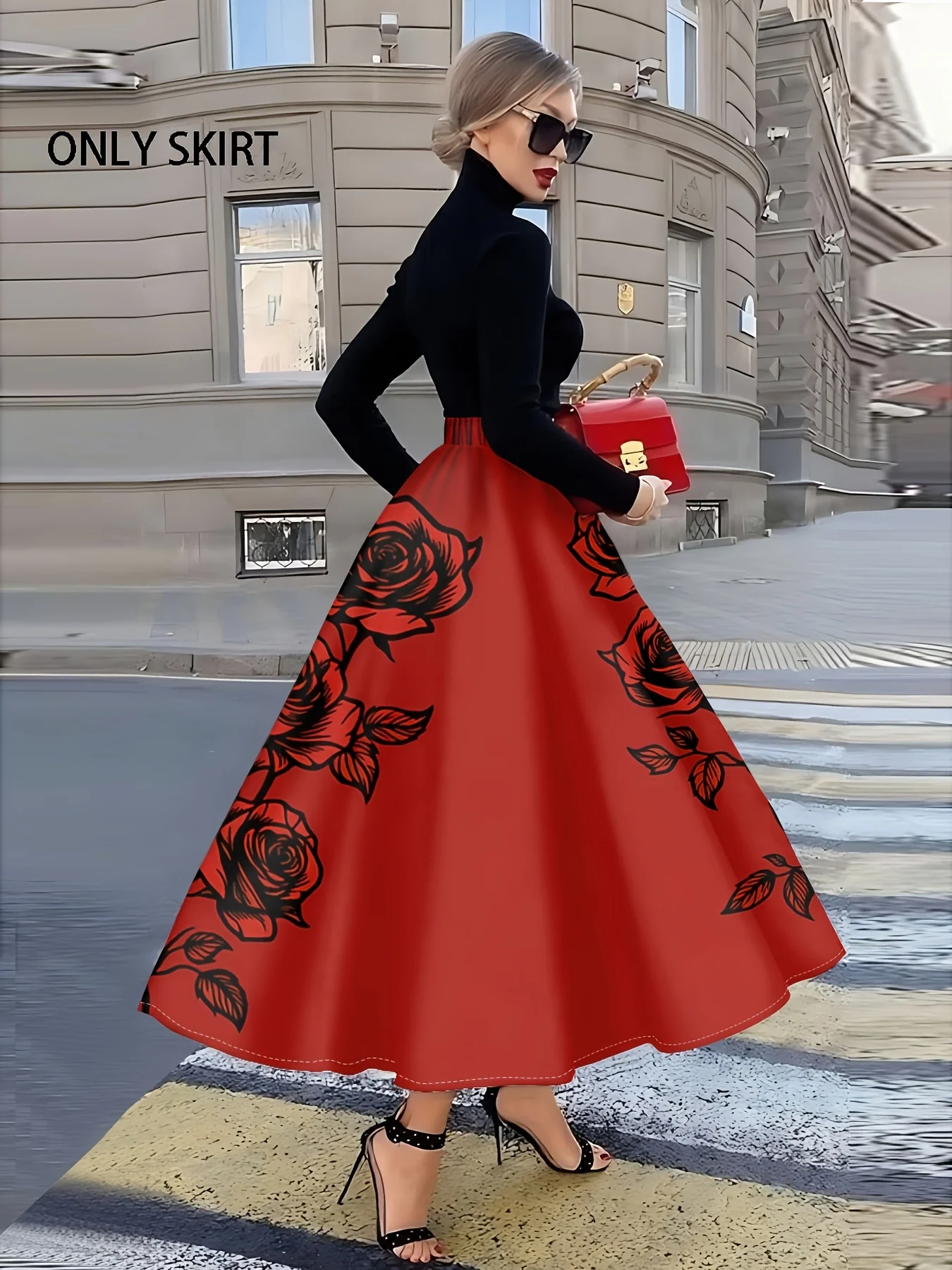 Printed Design casual style Red Rose Pattern Print Skirt women's half skirt