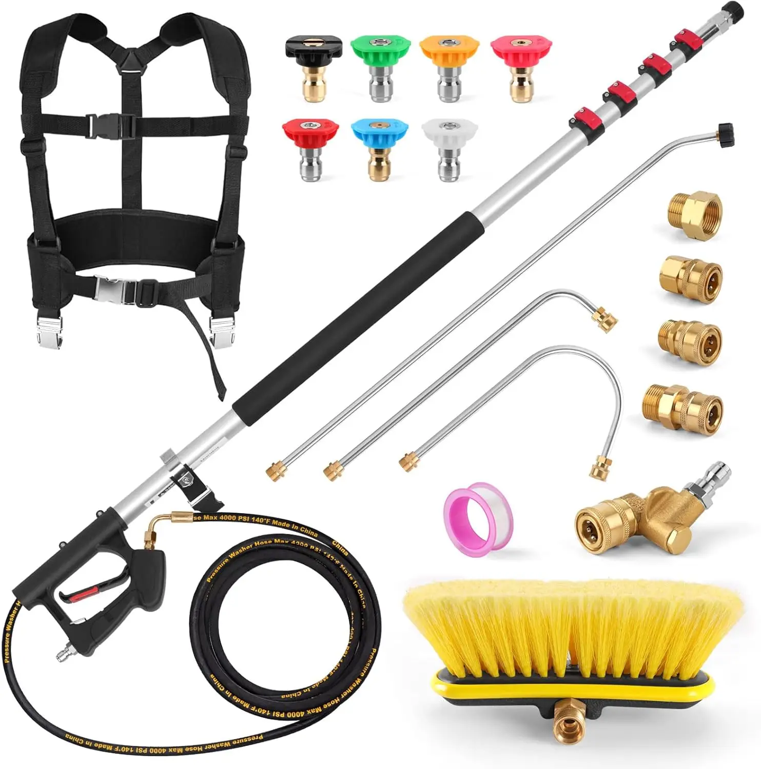 

24FT Telescoping Power Washer Wand with Brush Head, 4 Adapters, 7 Nozzles, Support Belt for Roof & Wall Gutter Cleaning
