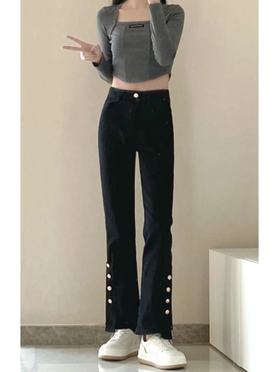 

High Waist Straight Leg Jeans Women's plus Size Elastic Slimming Ankle-Length Flared Pants Autumn Winter Deep Blue Denim