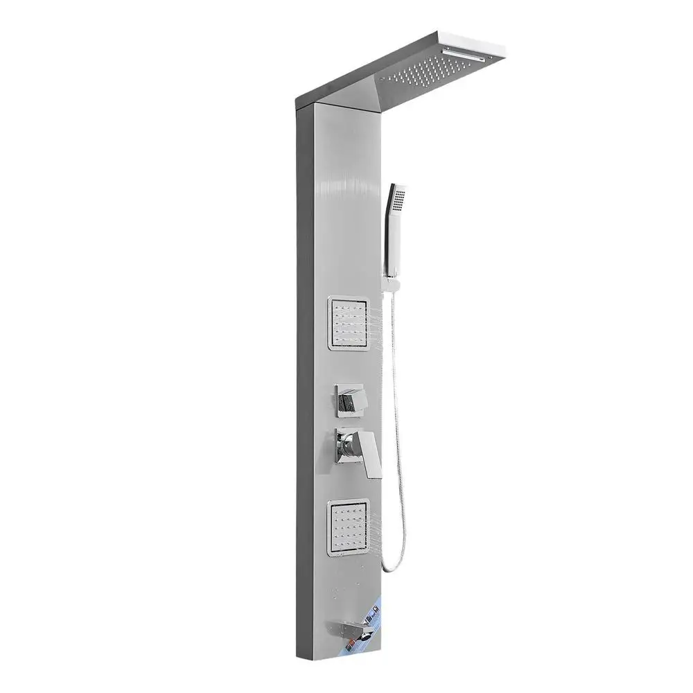 Colonne de douche murale avec pommeau pluie cascade et douchette à main, 5 modes de massage, bec de baignoire et jets latéraux, hauteur 1345 mm, nickel brossé