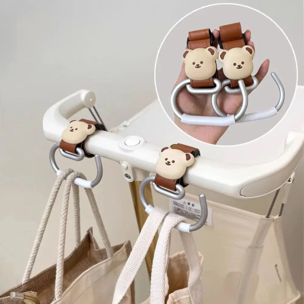 Cute Bear Design Stroller Hooks Leather Material Non-Slip Universal Stroller Hooks Large Carabiner Clips Organizer Hook