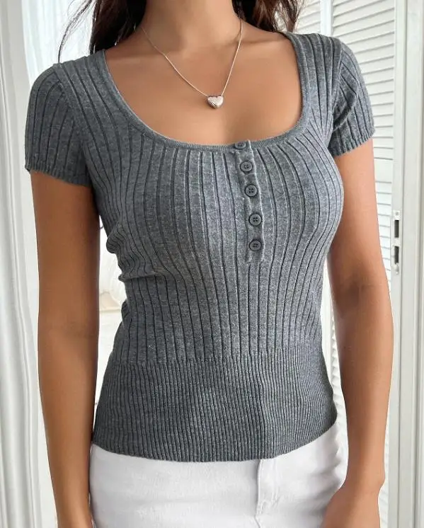 

Solid Color Slim Fit T-Shirt Top for Summer Low Cut Round Neck Women's Sexy Slim Fit Solid Color Knitted Short Sleeved Top