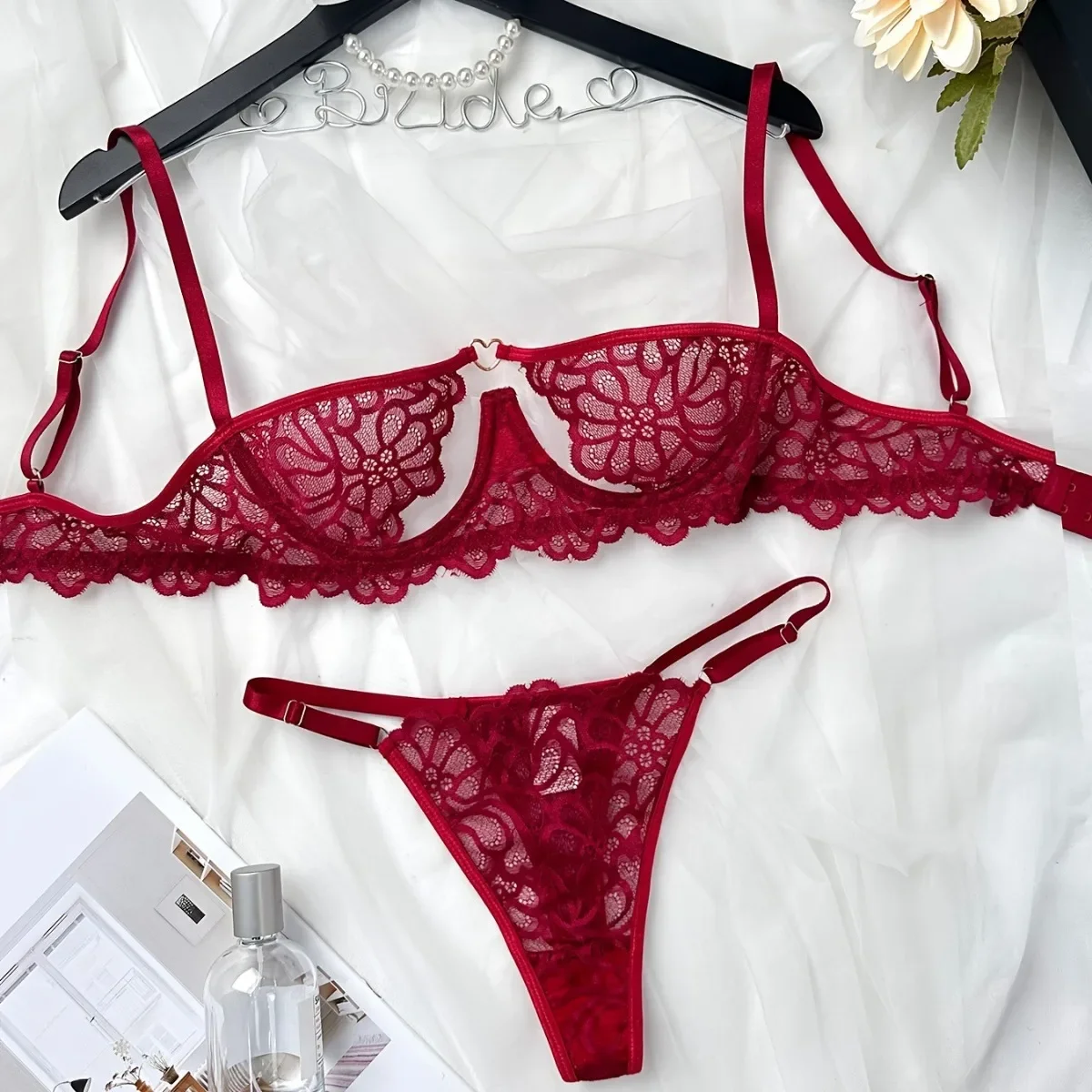 

Sexy gathered lace see-through bra set female thong underwear large breasts romantic love heart lingerie underwire women bralett