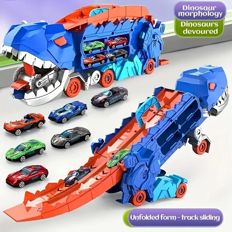 Dinosaur Transport Truck Swallow Track Deformable Eject Alloy Cars Double Track Garage Kids Toy Gift For Boys