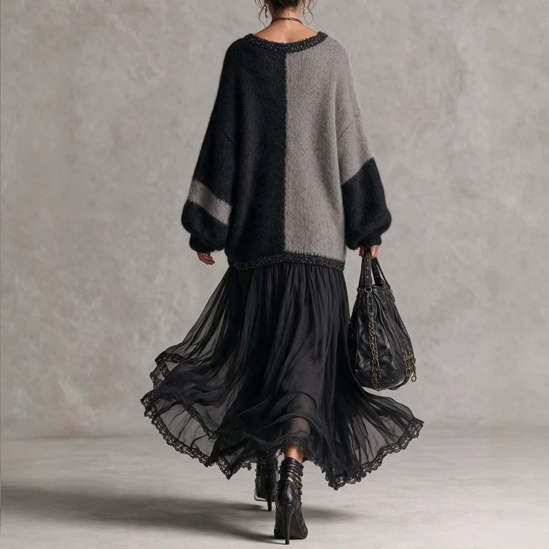 Temperament Simple Color Blocked Dress V-neck Knitted Long Sleeve Spliced Dress Elegant High Waist Pleated Women's Commute Dress