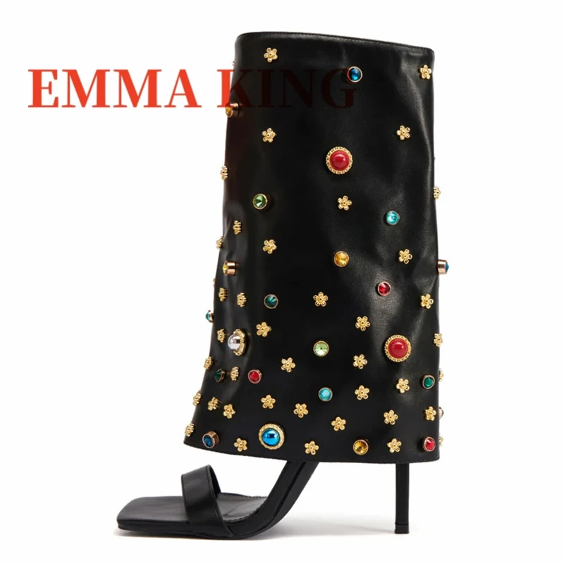 

Женские сандалии с украшением, ботинки в квадратном стиле с открытым носком, украшенные стразами, ботинки с драгоценными камнями, ботильоны на молнии до щиколотки