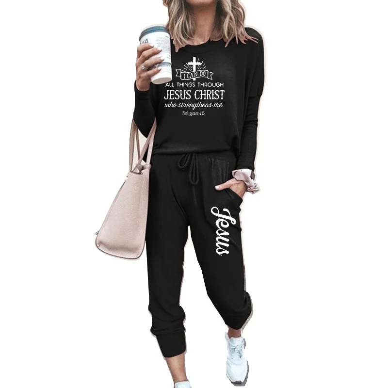 Women's Jesus Cross Faith Print Sportswear Suit Sportswear Tracksuit Hoodie Set Solid Color Long-sleeved Jogging Top + Pant