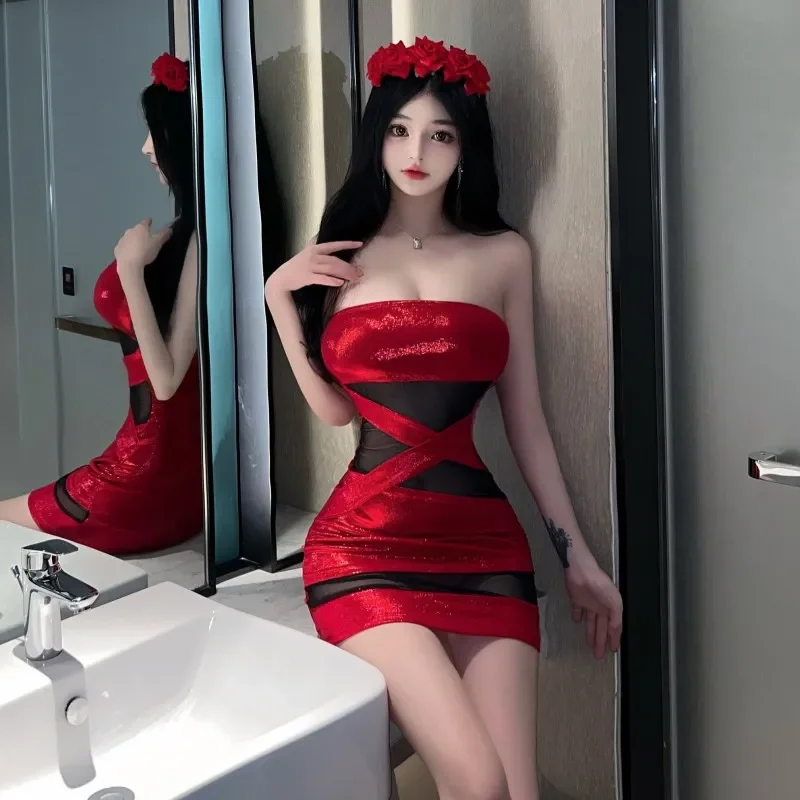 핫걸 패션 슬리밍 메쉬 스플라이싱 힙커버링 여성스러운 탄력 슬림 웨이스트 샤이니 드레스