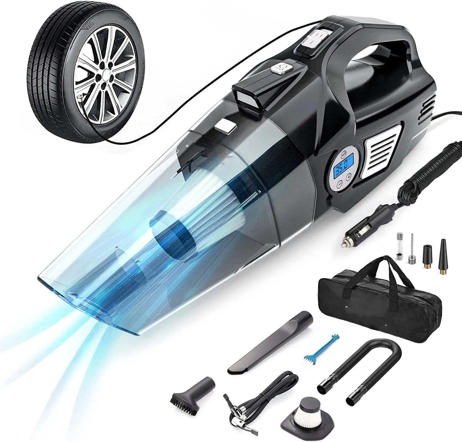 HF7701 4 In1 Portable Vacuums Pointed&digital Car air Compressor Car Tyre Inflator Wireless Handheld Mini Car Vacuum Cleaner