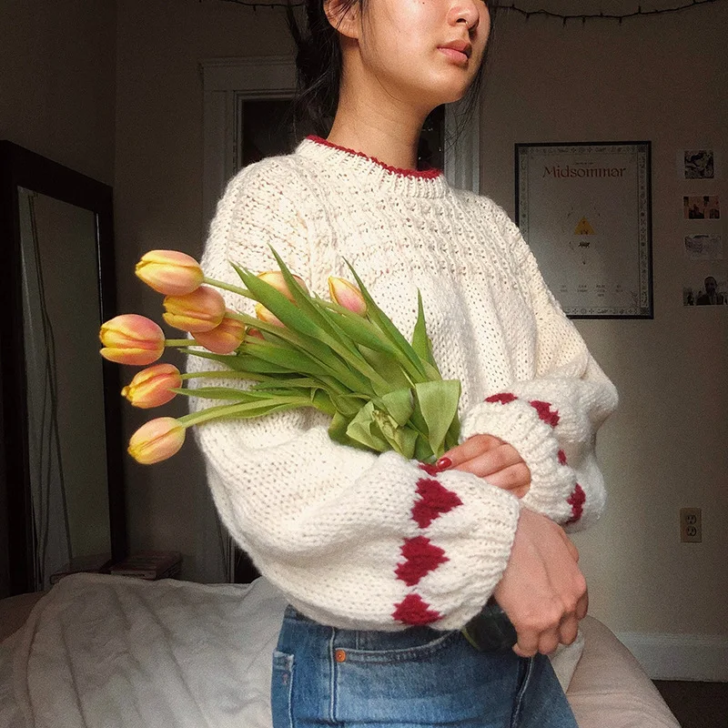 

2025 Spring Sweater Round Neck Hoodie Heart Shaped Long Sleeve Loose Lazy Style Knitted Wool Top for Women