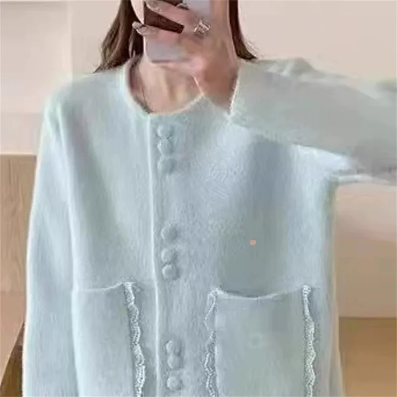 French Fashion Style Imitation Mink Fur Sweater Cardigan For Women's 2025 Spring Autumn New Soft And Korean Basic Top