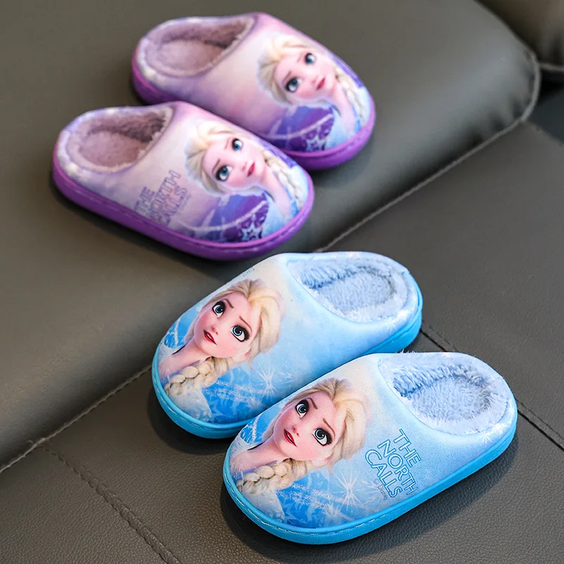 Disney Princess Elsa Winter Children\'s Heel Cotton Slippers Girls\' Warm Frozen Kids\' Cotton Black Purple Flats Shoes Size 28-40