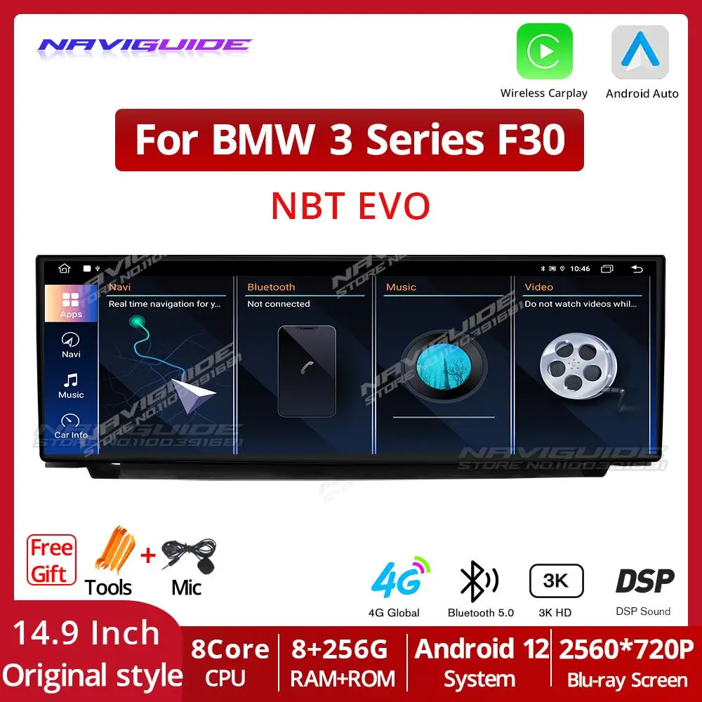 

NAVIGUIDE 14.9" Android 12 Car Radio Multimedia GPS Player For BMW 3 Series F30 NBT EVO 2560*720P Carplay FM Bluetooth 4G Wifi