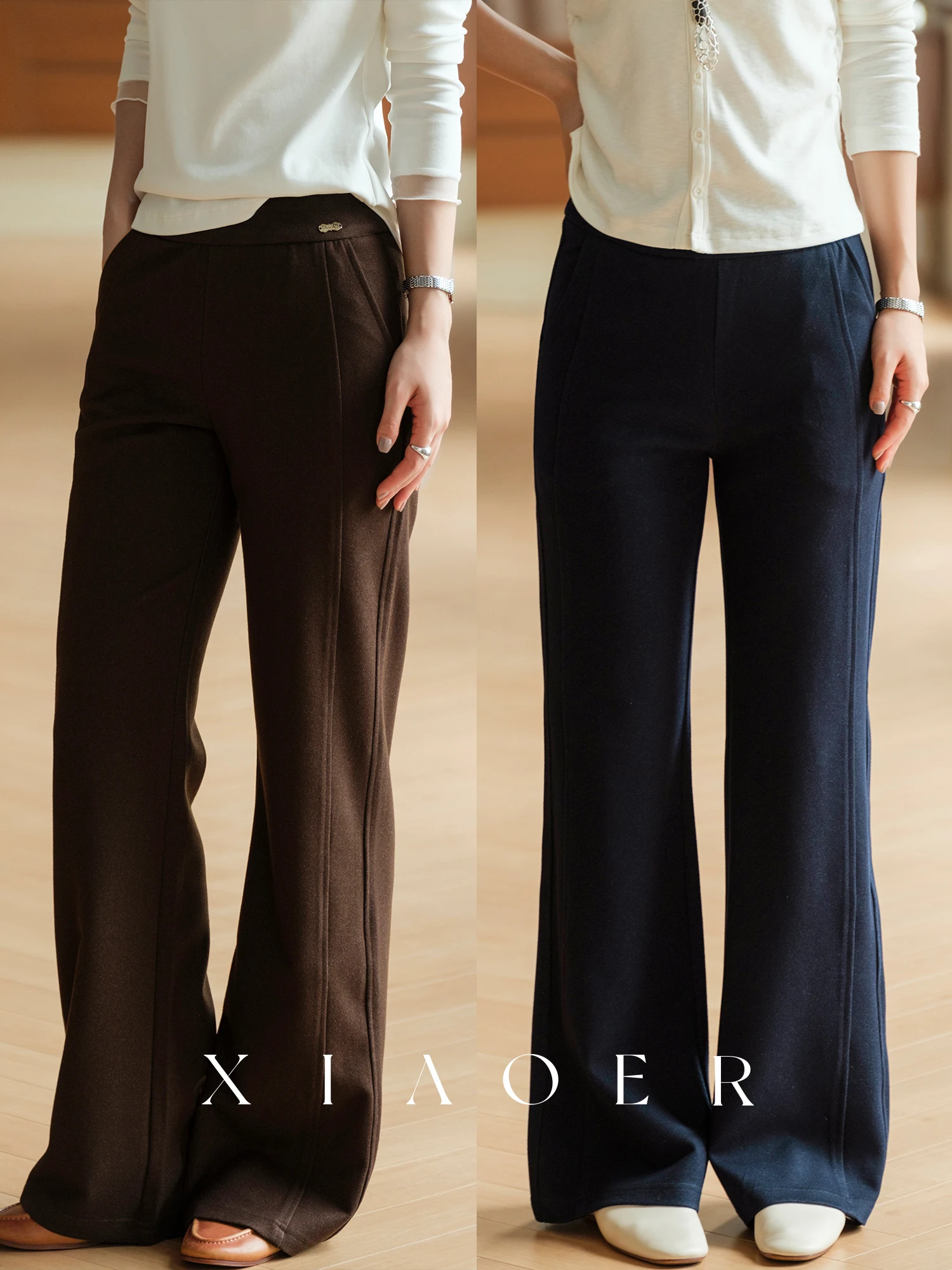 Slim Leg Bell Bottom Pants Retro Style Elastic Waist Rayon Lyocell Acetate Polyester Blend Ladies Casual Pants