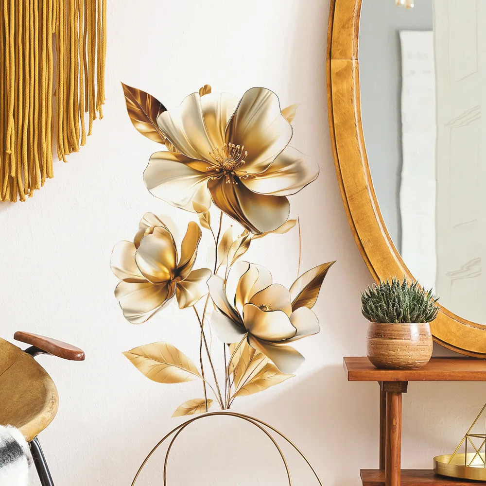 Golden Flowers Decorative Vinyl Wall Stickers For Wall Decor Adhesive Wallpaper Furniture Sticker Bedroom Accessories Room Decor