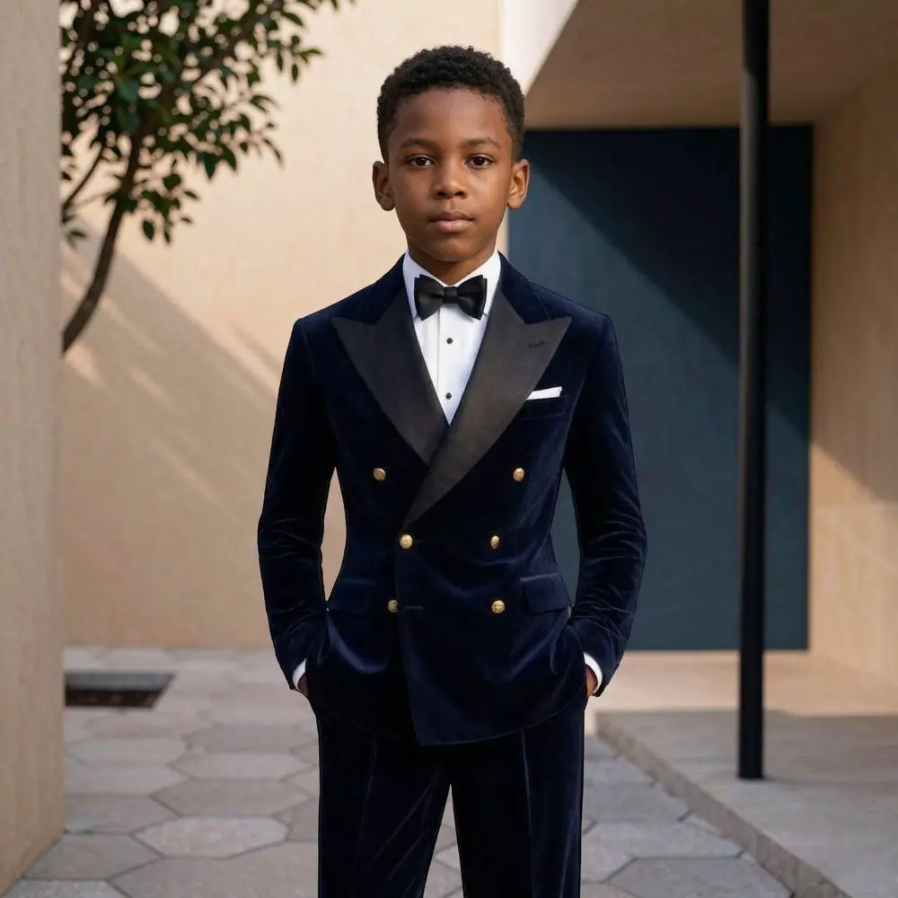 Child Suits Velvet Wide Leg Pants Double Breasted Custom Made Boy Prom Suit 2 Pieces For Holiday Wedding Celebrations Wear