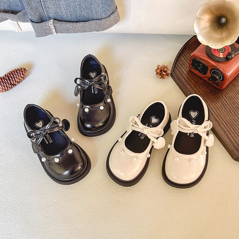 

Spring Girl's Princess Shoes Pearl Bowknot Cute Sweet Kid's Flat Shoe White Black Pu Leather Daily Versatile Children Shoe 7-12Y