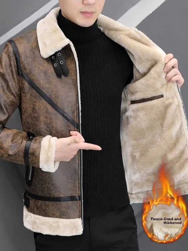 

2025 Winter Thiened Deer Suede Jaet Men's Faux Fur Collar Inner Fce High Faion Inteated Leather And Fur Coat