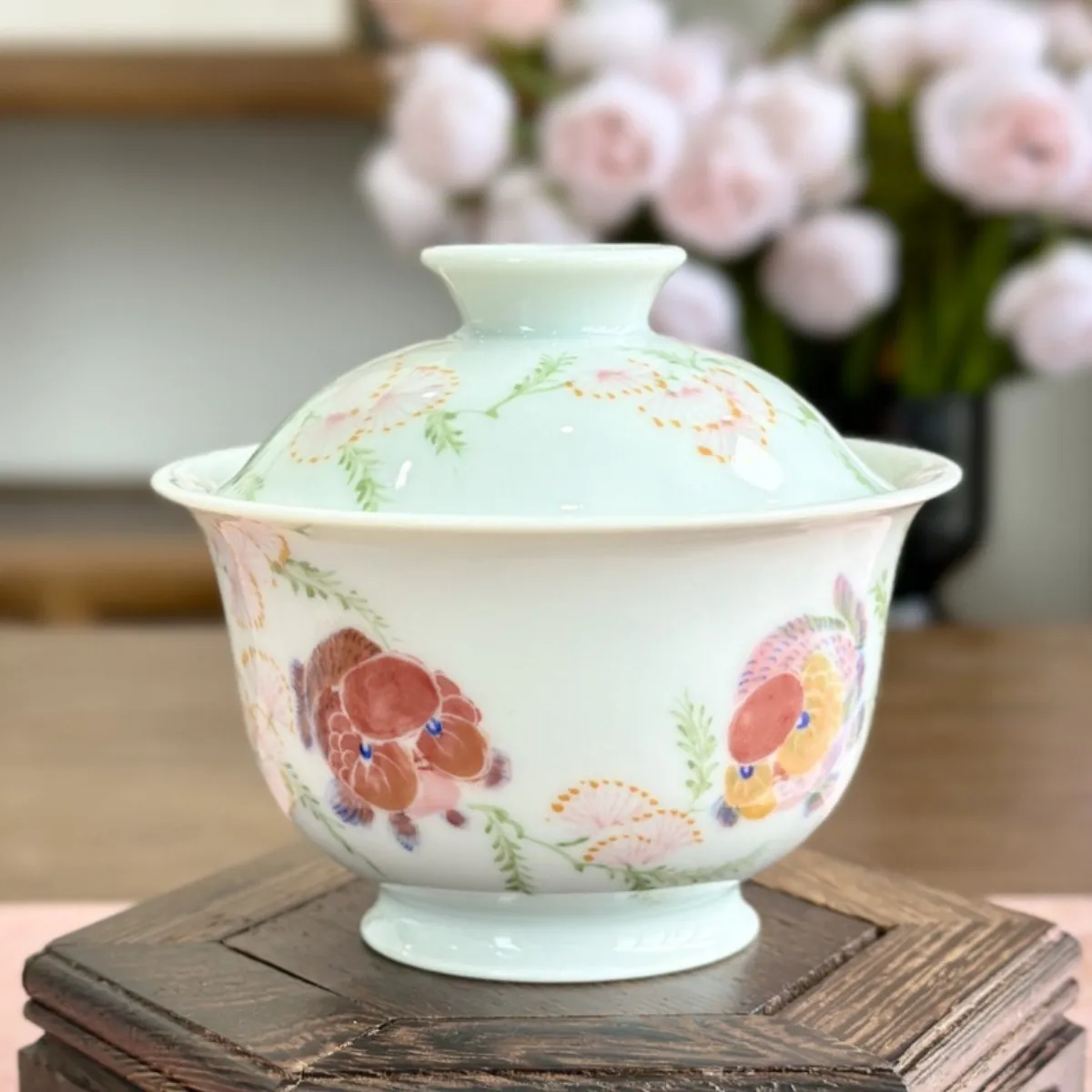 Jingdezhen hand-painted orchid Shouwen Ercai cover bowl milky white handmade Ru kiln ceramics