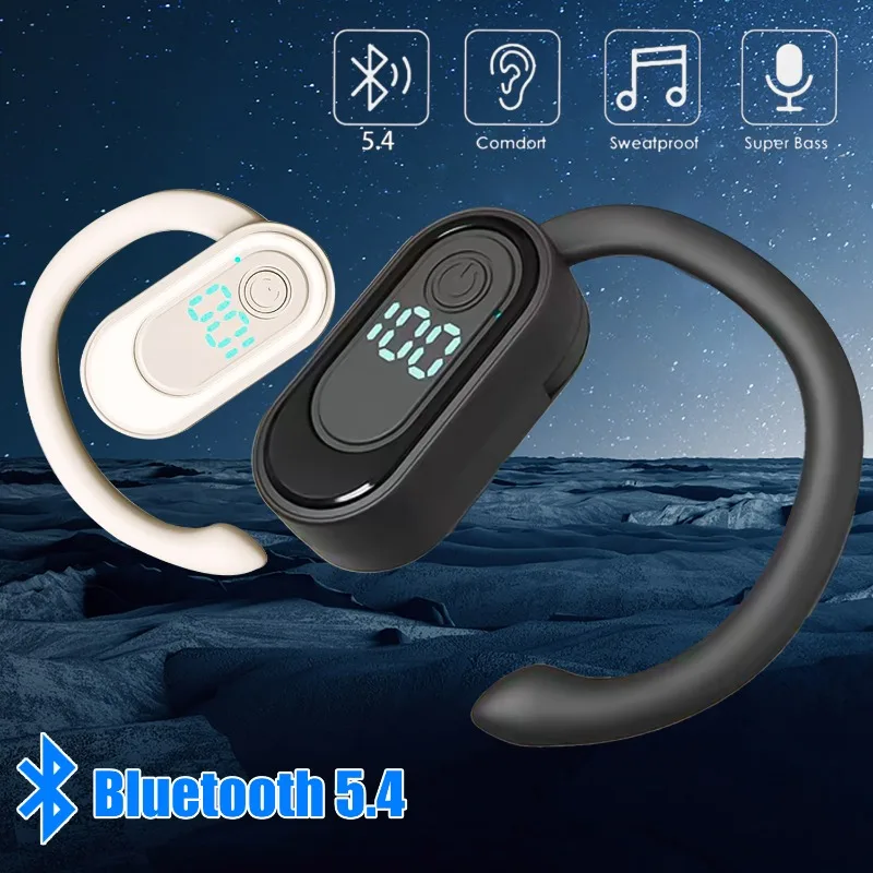 Bluetooth5.4 LED Digital Display Headphones Ear Hook Wireless Earphone HiFi Noise Reduction Headset Earbuds for Huawei Xiaomi