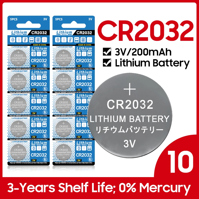 10PCS 200mAh CR2032 CR 2032 DL2032 ECR2032 3V Lithium Battery For Watch Toy Calculator Car Key Remote Control Button Coin Cells