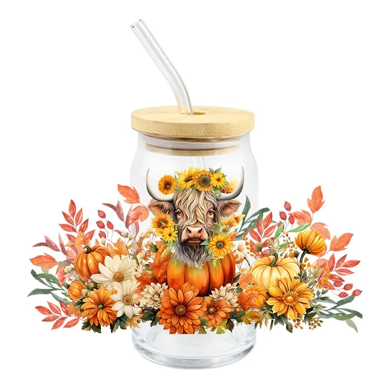 Autumn Pumpkin UV DTF Bows Coffee Cup Wraps Waterproof Sticker for Glass Cups Rub on Transfer Stickers for DIY Water  Decal