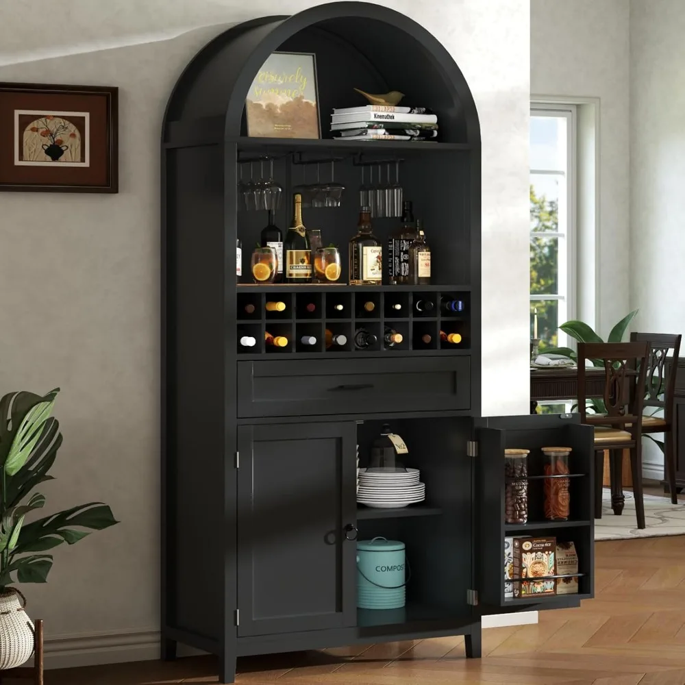 

75.7 Tall Arched Wine Bar Cabinet, Bar Cabinets with Glass Holders & Wine Rack, Liquor Cabinet for Home, Kitchen Pantry W/Drawer