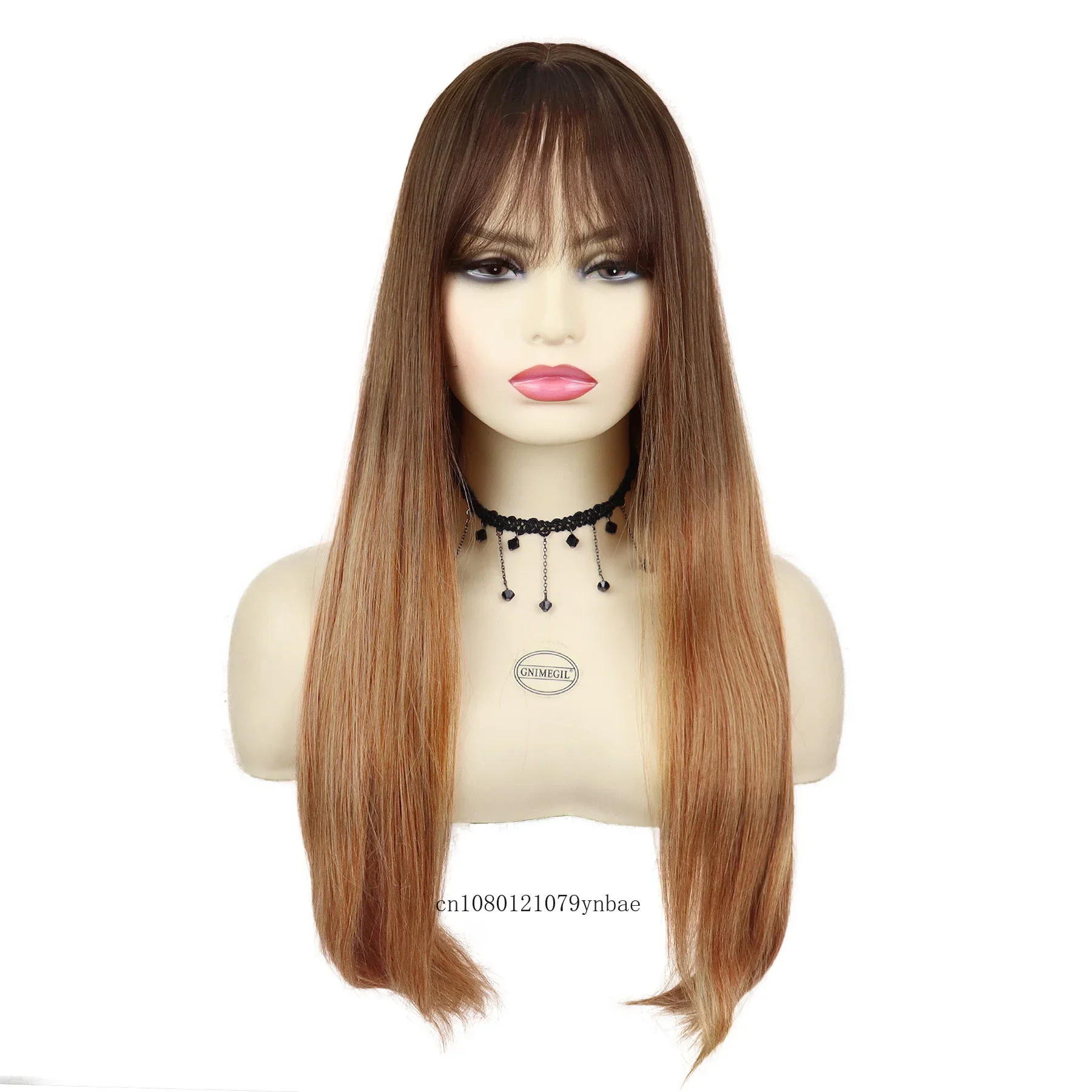 Synthetic Hair Long Silky Straight Ombre Brown Wig with Bangs for Women Girls Natural Looking Daily Cosplay Halloween Party Use