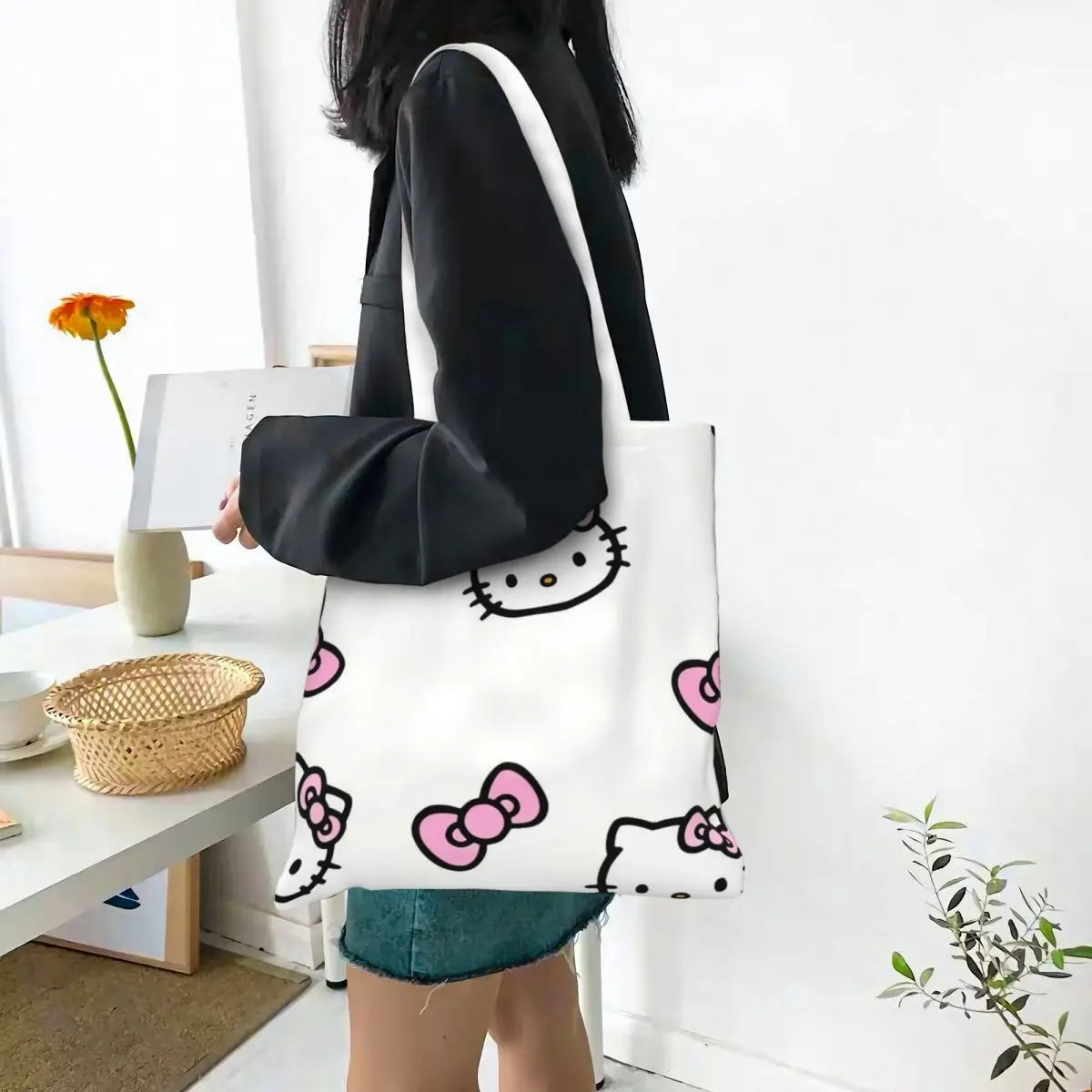 Sanrio Hello Kitty Pattern Canvas Tote Bag Aesthetic Unique Design Grocery Bag for Unisex