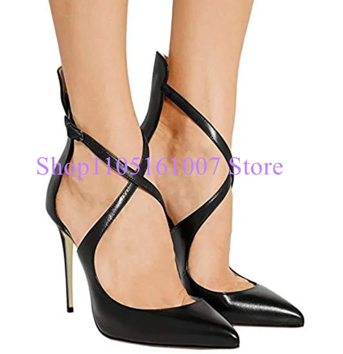 

Черные кожаные женские туфли-лодочки с перекрестными ремешками, пикантные женские туфли на тонком каблуке с острым носком, женские модные офисные модельные туфли